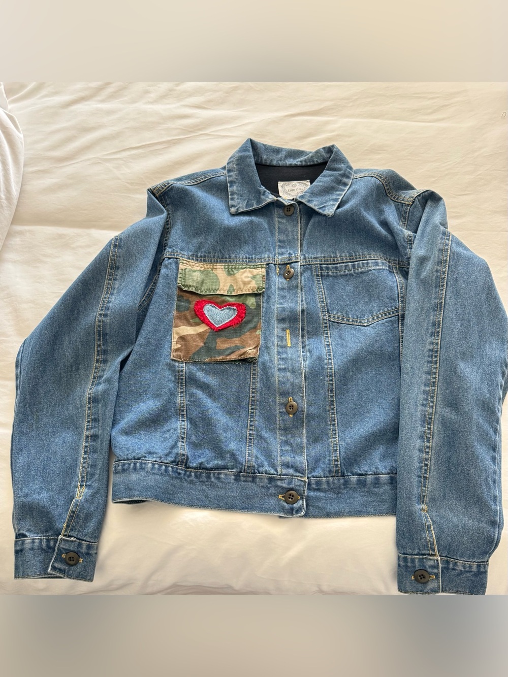Blue Denim Jacket with Camo Heart Patch